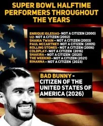 Bad Bunny Super Bowl — Infographic meme listing Super Bowl halftime performers' citizenship with Bad Bunny marked as US citizen
