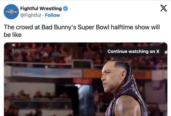Bad Bunny Super Bowl — Twitter meme with wrestling crowd reaction image and caption about Bad Bunny's Super Bowl halftime show