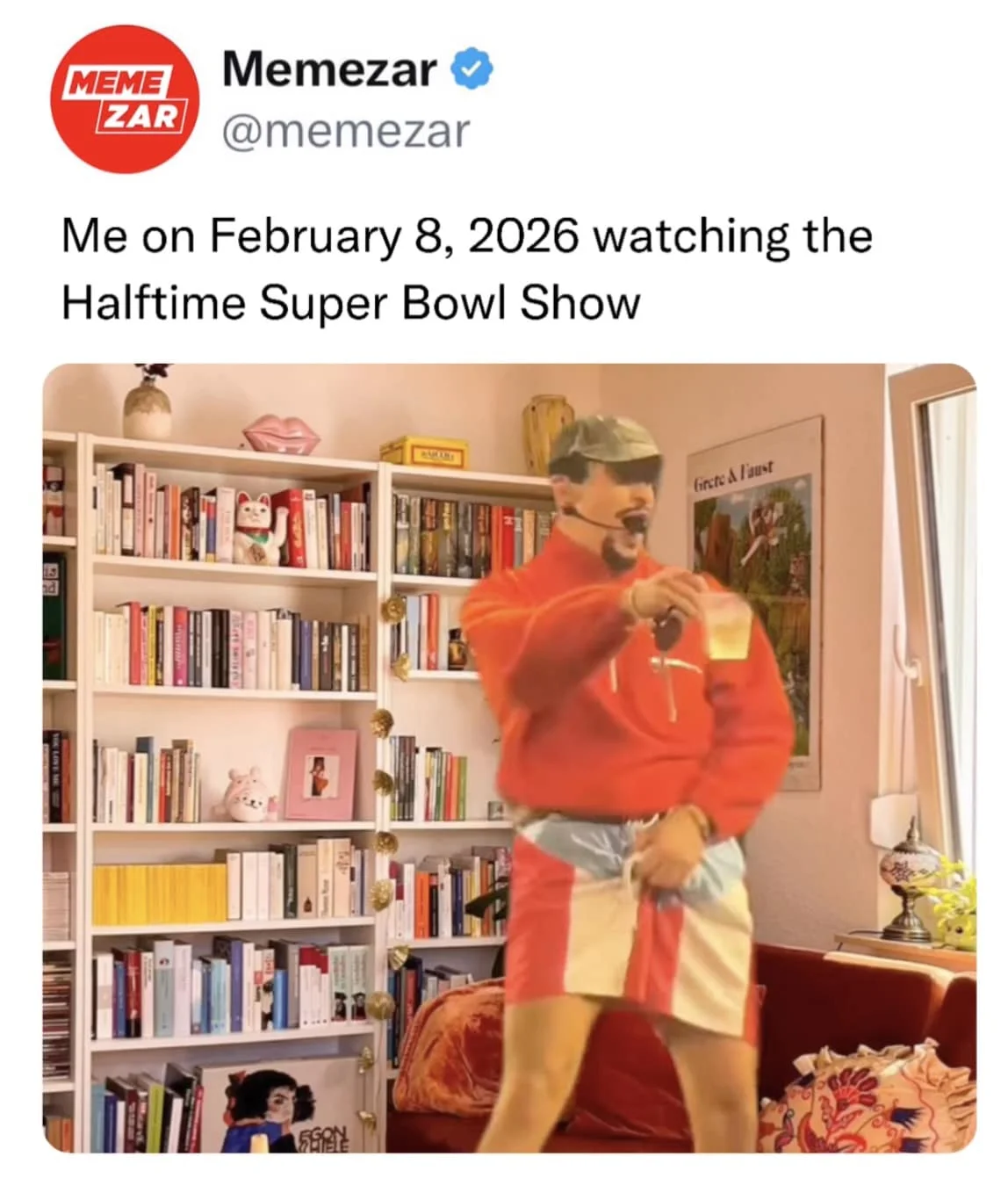 Bad Bunny Super Bowl — Twitter meme of person dancing at home in red outfit with text about watching Super Bowl halftime show