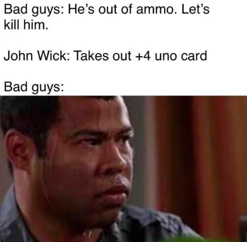 Bad Guys Vs John Wick — Purple Thanos version of Sweating Jordan Peele reacting to John Wick with Mjolnir