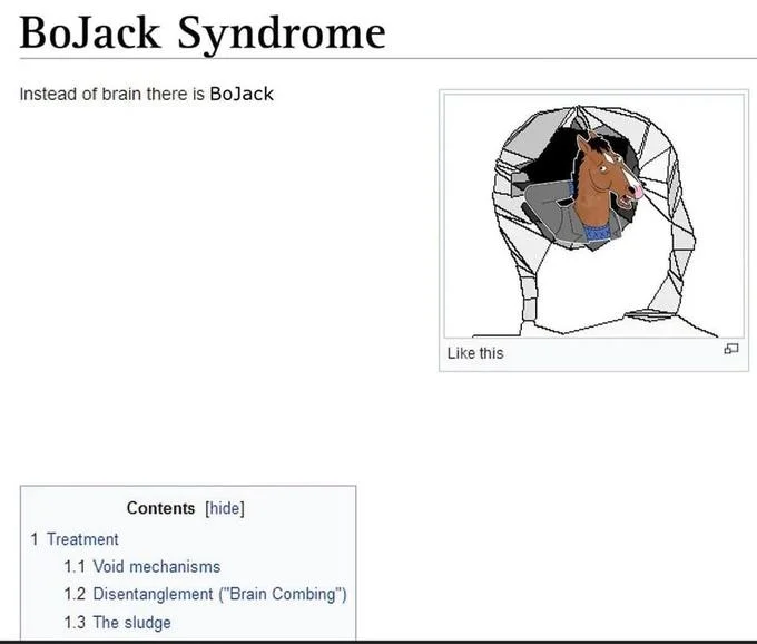 Bad Syndrome — BoJack Syndrome meme with BoJack Horseman in place of the brain orb
