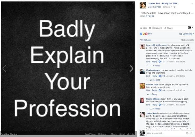 Badly Explain Your Profession — Composite image showing meme template on left with Facebook thread responses on right.