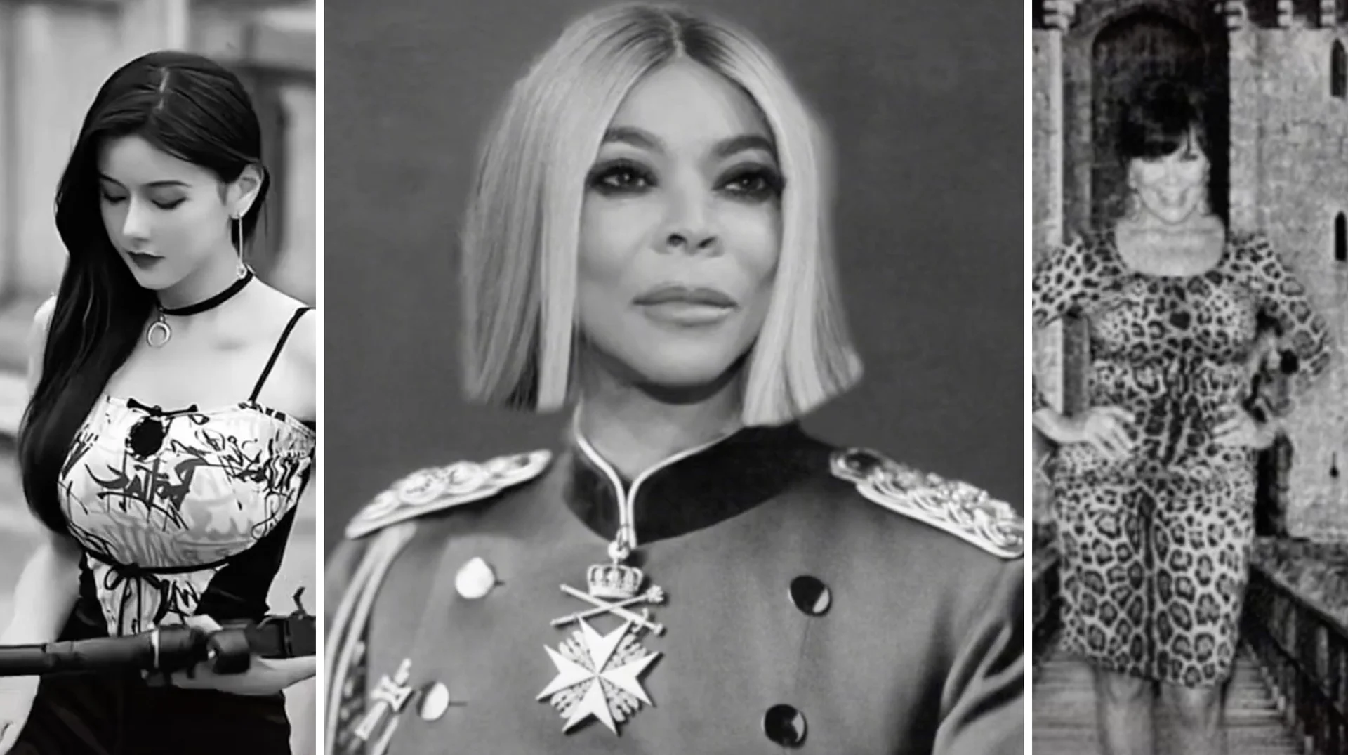 Black-and-white collage of three Badussy War meme images featuring celebrities as fictional wartime figures.
