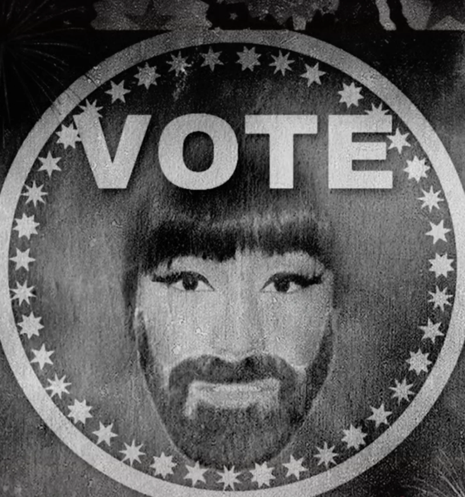 Badussy War — Vintage-style VOTE political poster featuring a photoshopped face with bowl-cut hair and a goatee.
