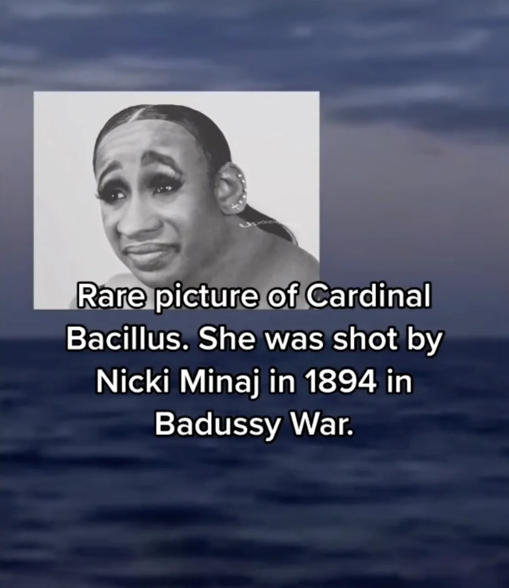 Badussy War — Vintage sepia portrait of Cardi B labeled Cardinal Bacillus, allegedly shot by Nicki Minaj in 1894.