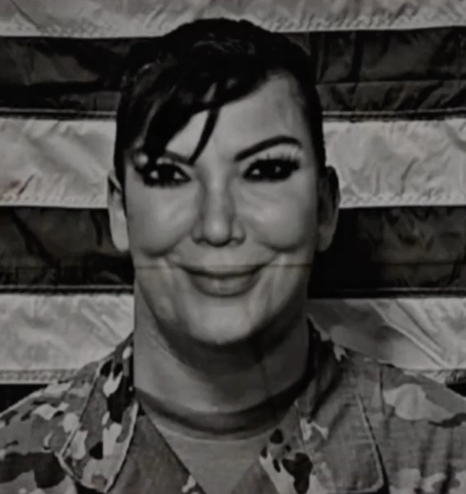 Badussy War — Kris Jenner's face edited onto a US soldier in camouflage, posing in front of an American flag.