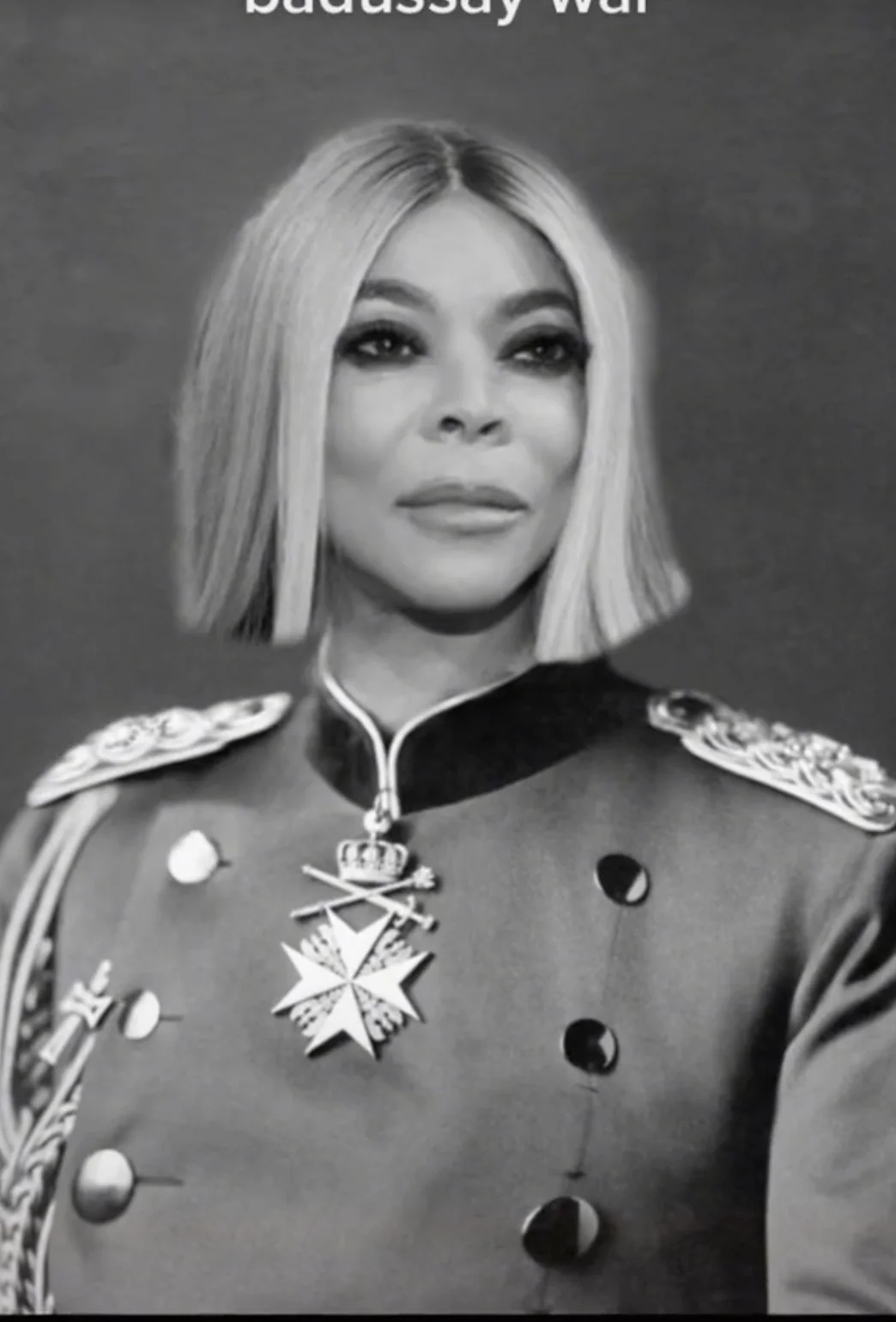 Wendy Williams edited into an ornate 19th-century military dress uniform with medals, labeled badussy war.
