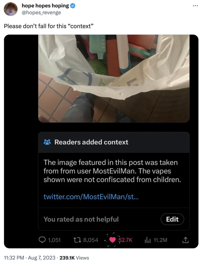 Bag Full of Elf Bars — Tweet by @hopes_revenge responding to a Community Note correcting the vape bag image's origin