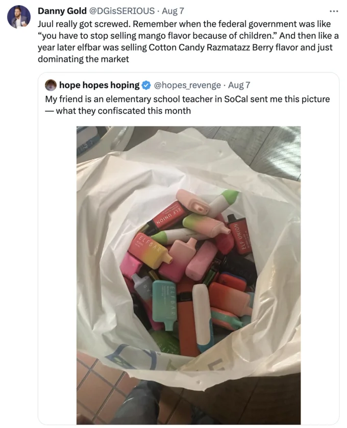 Bag Full of Elf Bars — Danny Gold tweet discussing Juul losing market share to Elf Bar, quoting the viral vape bag post