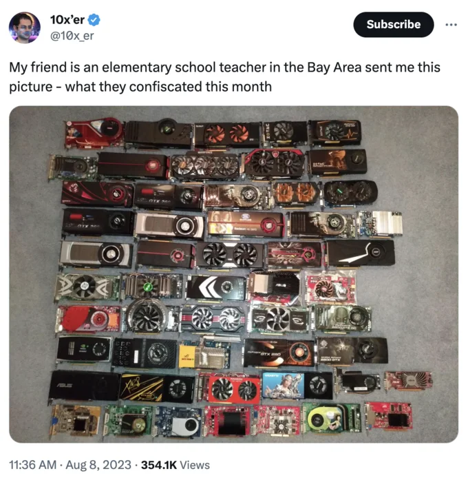 Bag Full of Elf Bars — Tweet joking that an elementary school teacher confiscated dozens of GPUs this month