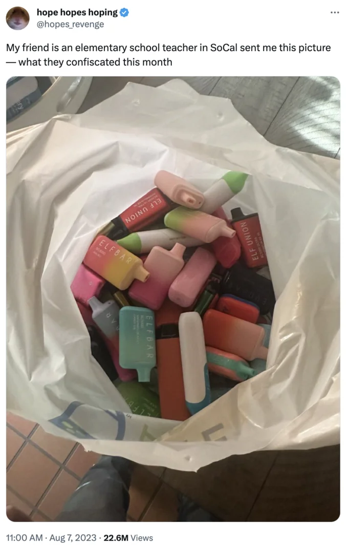 Bag Full of Elf Bars — Viral tweet by @hopes_revenge claiming the vape bag photo came from a SoCal elementary school teacher