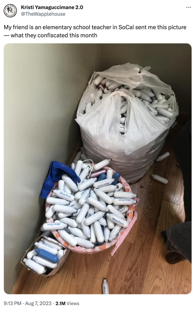 Bag Full of Elf Bars — Tweet joking that a hoard of nitrous oxide whippets was confiscated by an elementary school teacher