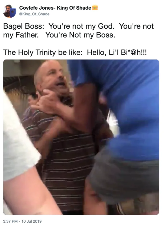 ASCII stick figure meme depicting Bagel Boss's rant followed by him being restrained