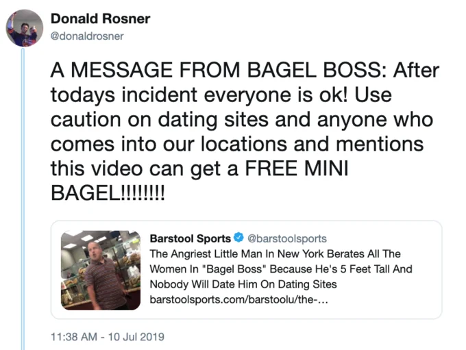 Tweet joking about Bagel Boss's rant with photo of him being restrained
