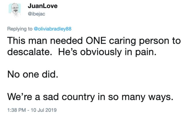 Bagel Boss — Tweet from JuanLove saying the man needed one caring person to de-escalate him