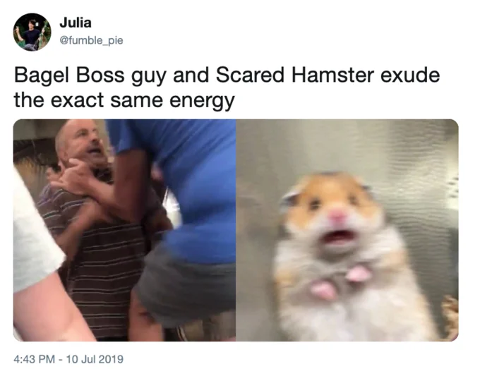 Tweet from a woman claiming she was the target Bagel Boss was harassing in the viral video