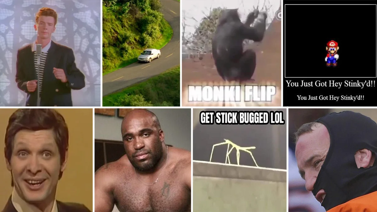 Bait And Switch Videos Pictures — Collage of eight popular bait-and-switch meme thumbnails including Rickroll, Ford Focus prank, Monki Flip, Mario Hey Stinky