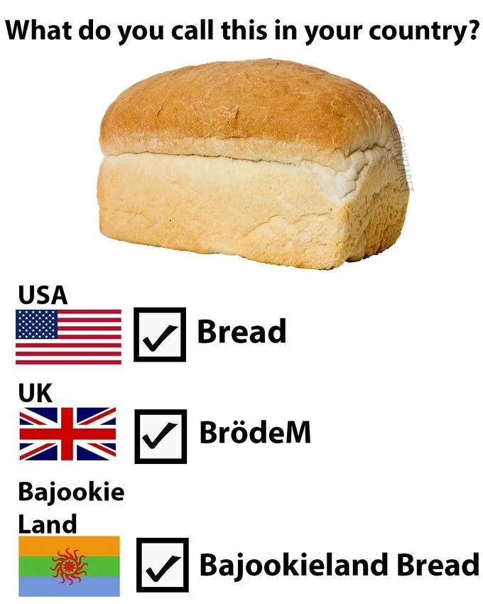 Meme comparing what different countries call bread, including Bajookieland