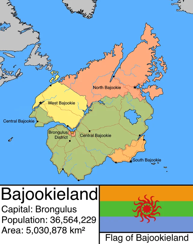 Detailed map of Bajookieland with regions labeled and country statistics