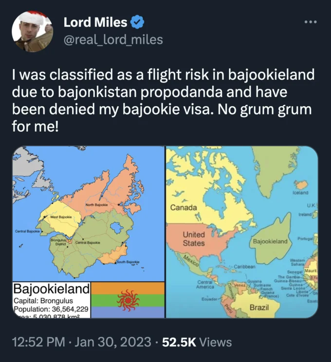 Tweet by Lord Miles joking about being denied a Bajookieland visa