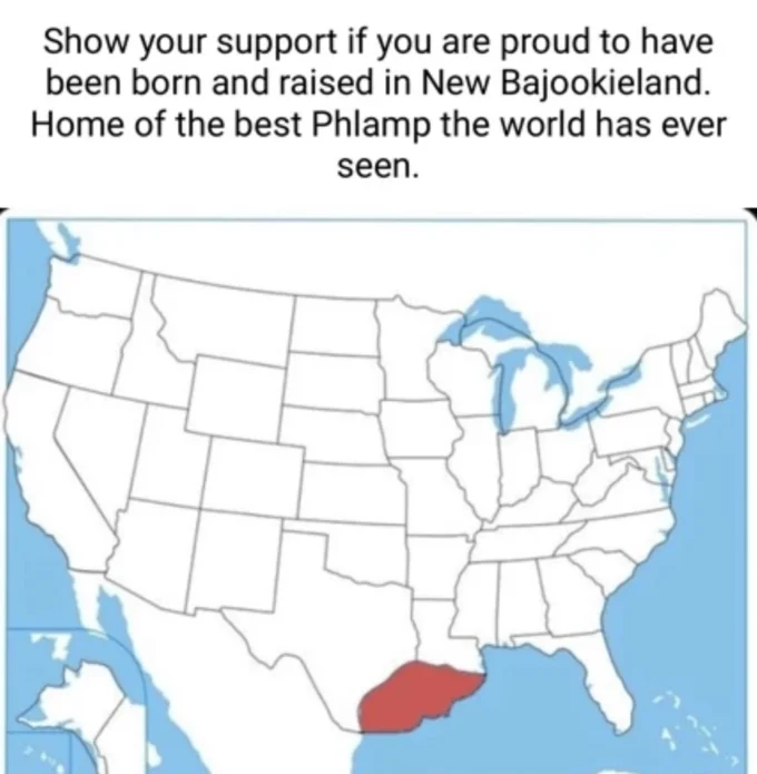 US map meme highlighting a fictional region called New Bajookieland