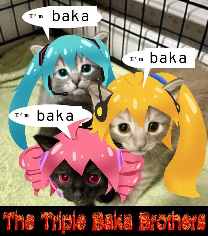 Three anime-style cats with colorful wigs saying 'I'm baka' in speech bubbles, titled Triple Baka Brothers
