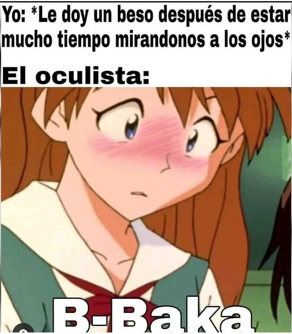 Blushing anime girl saying 'B-Baka!' in Spanish meme about romantic confusion and tsundere denial