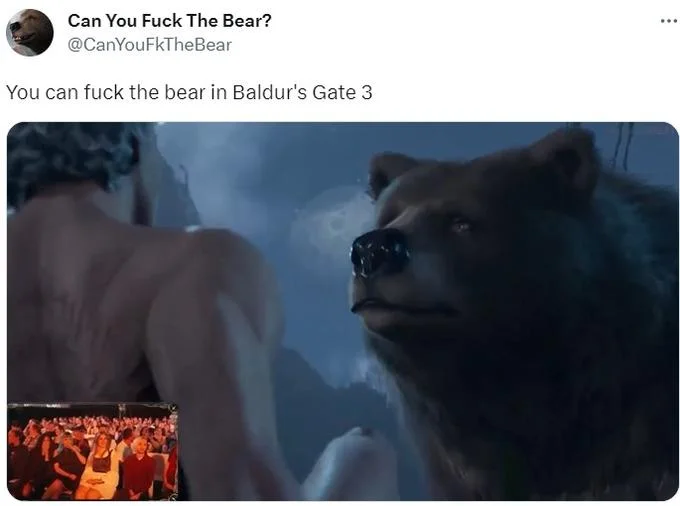 Baldur's Gate 3 Bear Sex Scene — Tweet from Can You Fuck The Bear account confirming the Baldur's Gate 3 bear scene.