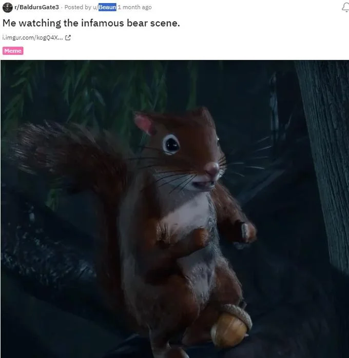 Baldur's Gate 3 Bear Sex Scene — Reddit post with a wide-eyed squirrel from Baldur's Gate 3 reacting to the bear scene.