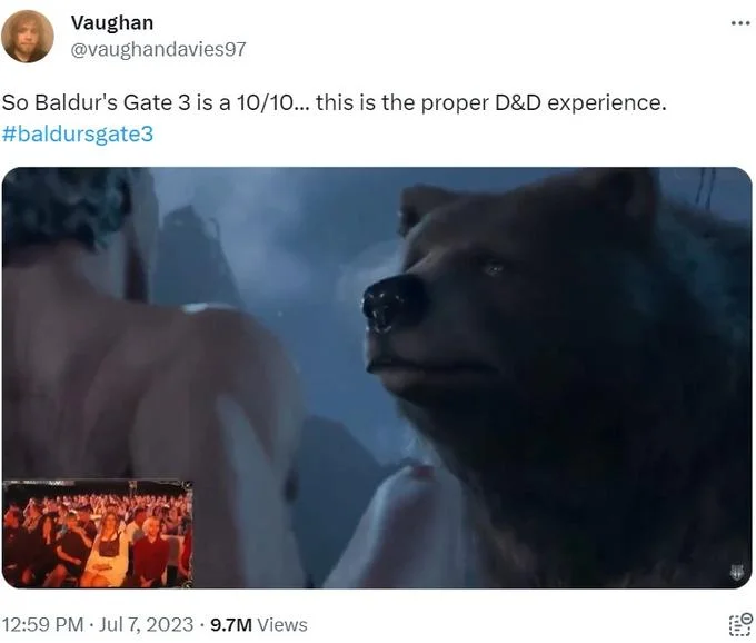 Baldur's Gate 3 Bear Sex Scene — Tweet by Vaughan praising Baldur's Gate 3 with the bear scene screenshot attached.