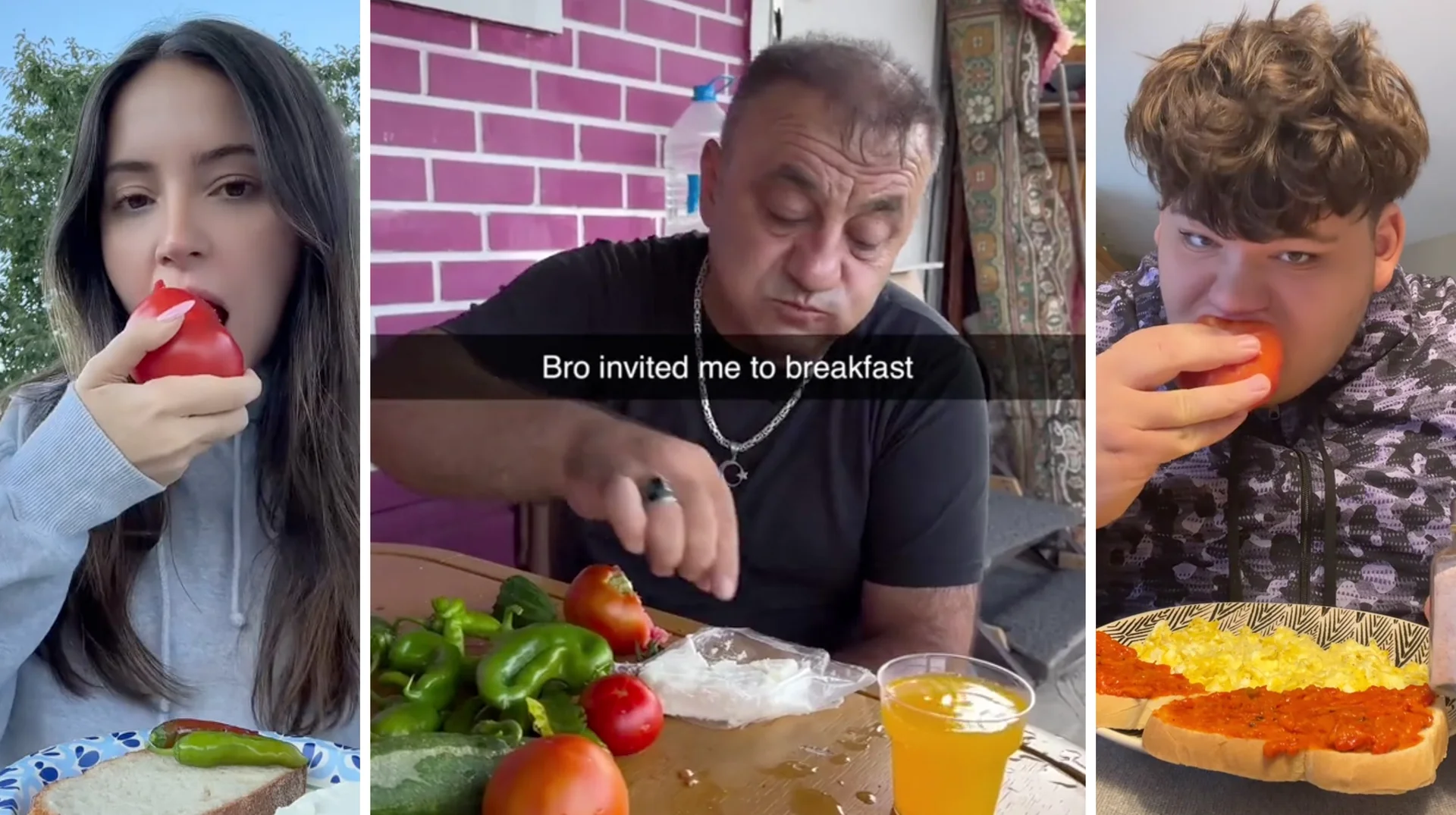 Balkan Breakfast — Three-panel TikTok collage of people eating whole tomatoes and peppers with bread, captioned 'Bro invited me to breakfast'.