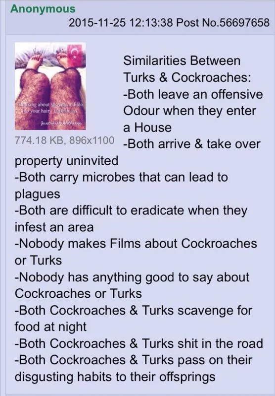 Balkan Memes — 4chan screenshot listing derogatory comparisons between Turkish people and cockroaches