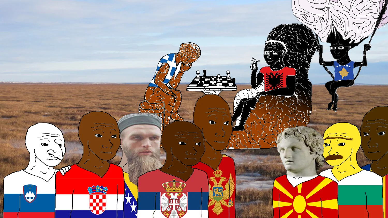 Balkan Memes — Collage of wojak characters representing Balkan nations wearing country flag jerseys
