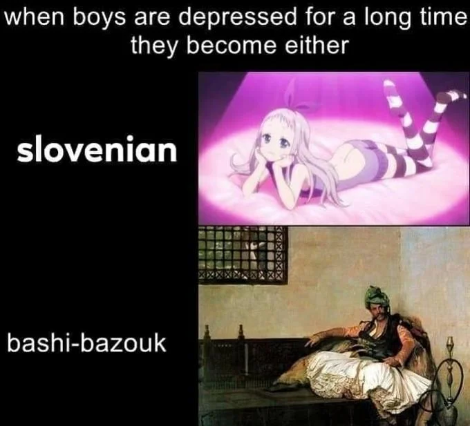 Balkan Memes — Two-panel meme contrasting a Slovenian anime femboy with an Ottoman bashi-bazouk