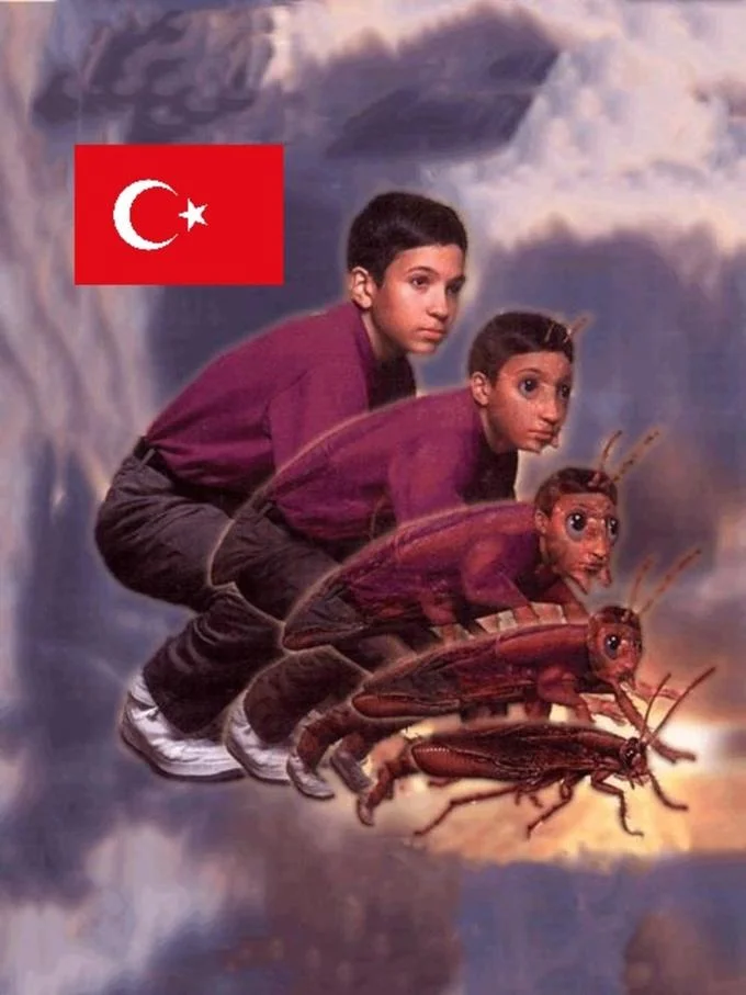 Balkan Memes — Photoshopped image of a boy transforming into a cockroach next to a Turkish flag