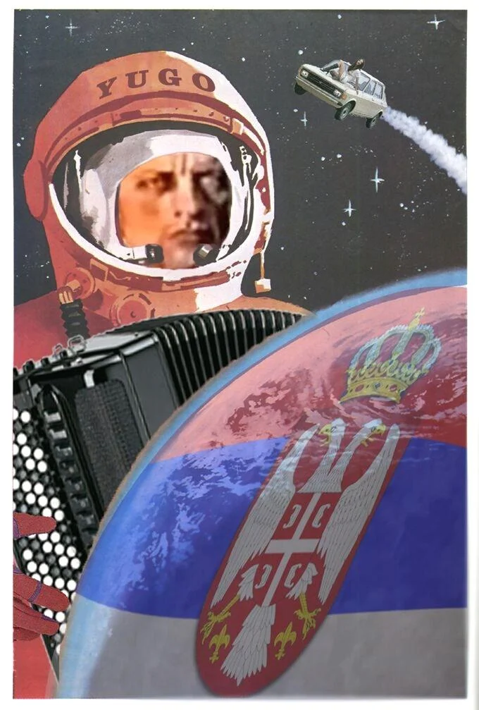 Balkan Memes — Retro collage of a Yugoslav cosmonaut with accordion and Yugo car in space