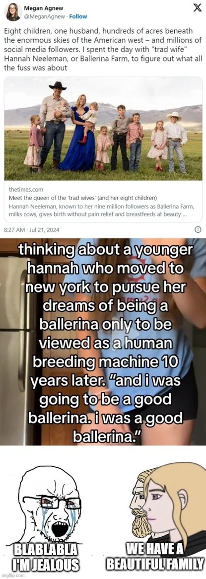 Ballerina Farm Twitter post with meme text overlay and reaction meme images about lifestyle critique
