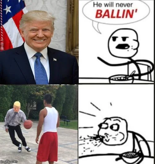 Video game character screenshots with 'He will never BALLIN'' meme format