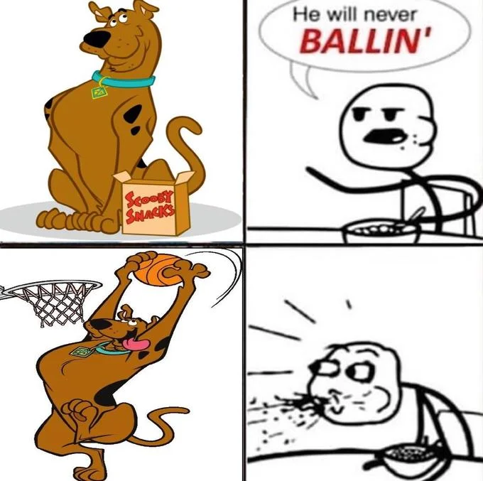 Scooby-Doo and anime characters in 'He will never BALLIN'' four-panel format