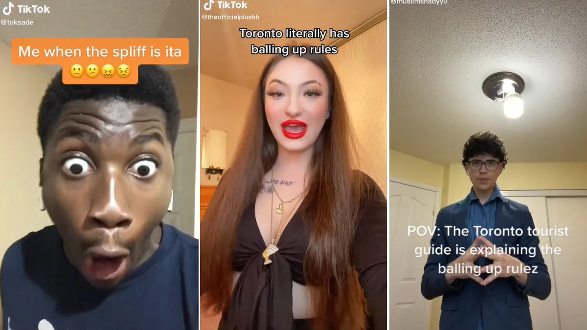 Three-panel collage of TikTok videos referencing Toronto's balling up rules, showing a shocked man, a woman speaking, and a man gesturing with his hands.