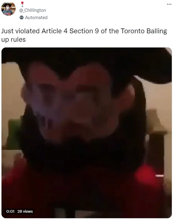 Tweet joking about violating Article 4 Section 9 of Toronto's balling up rules with a blurry Mickey Mouse image.