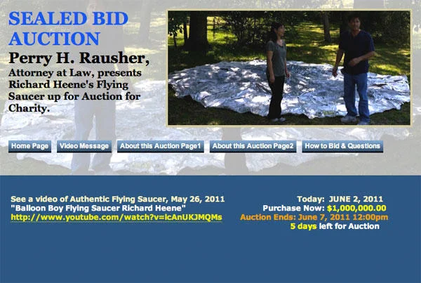 Website screenshot advertising sealed-bid auction of authentic Balloon Boy flying saucer.