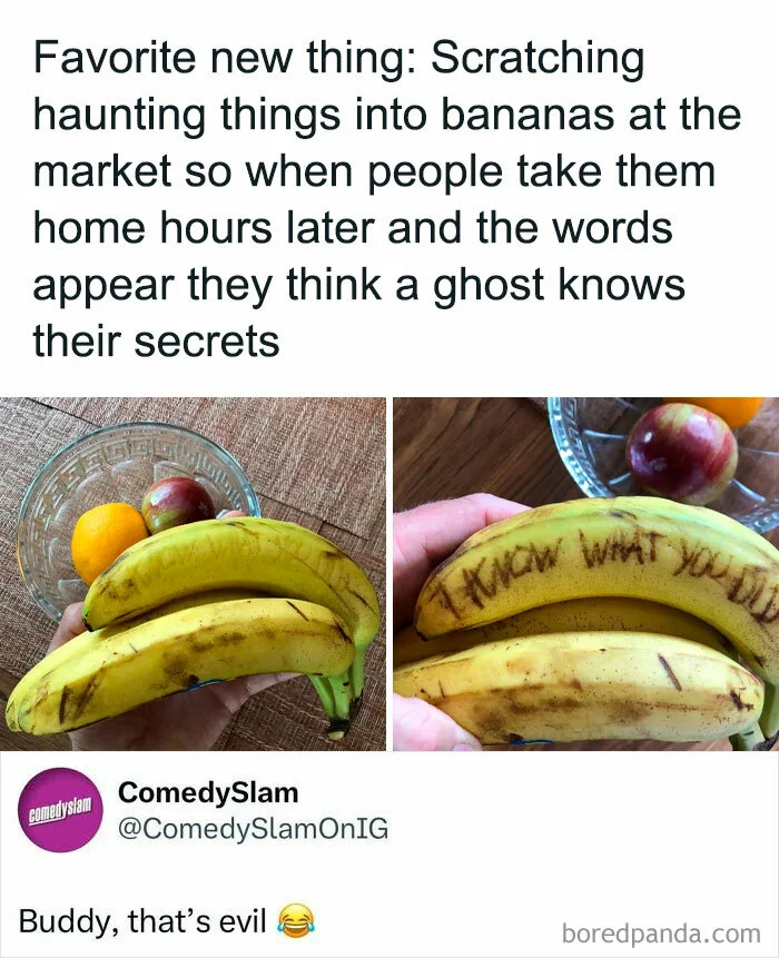 Twitter screenshot showing photographs of bananas with cryptic or haunting messages scratched and written into their peels as a prank concept.