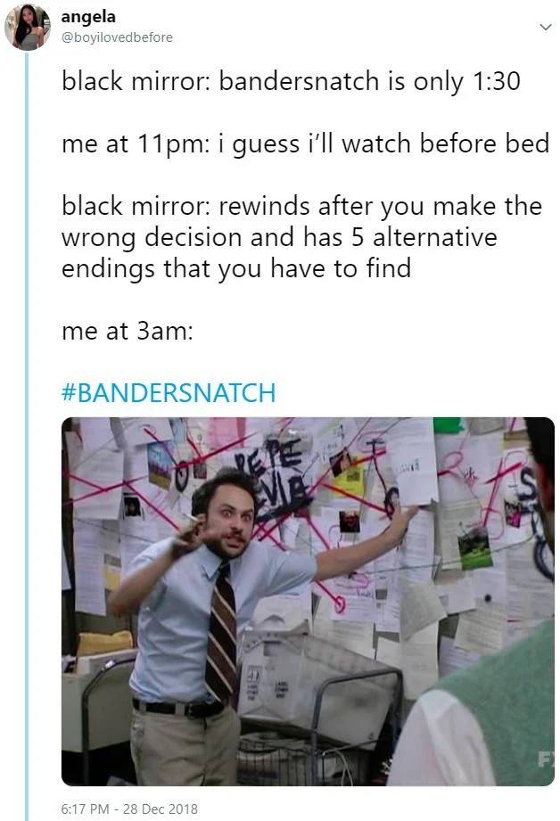 Bandersnatch — Tweet about Black Mirror choices with pink toy phone displaying girl idk
