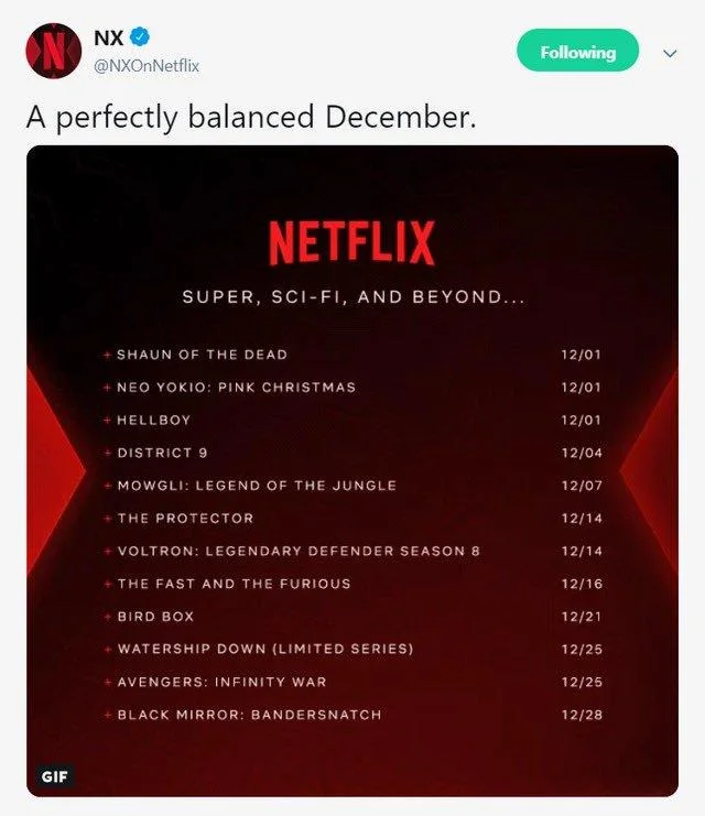 Tweet from NX Netflix showing December 2018 release schedule ending with Black Mirror Bandersnatch on December 28