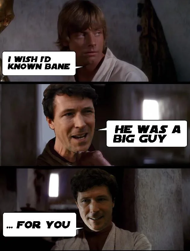 Three-panel Baneposting variation with Han Solo-like character and copypasta dialogue.