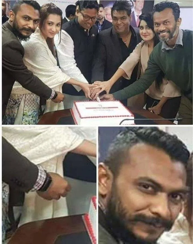 Bangladeshi Cake Cutting — Three-panel template collage with main photo and inset closeups of excluded hand and smiling face.