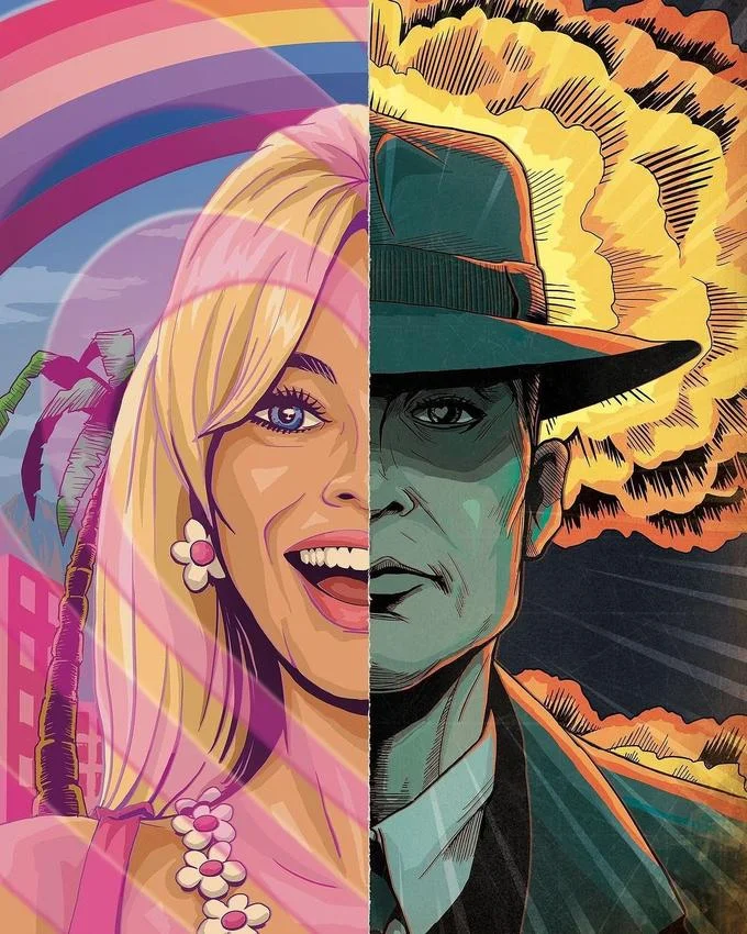 Barbenheimer — Comic book style split panel with Barbie pink side and Oppenheimer dark explosion side.