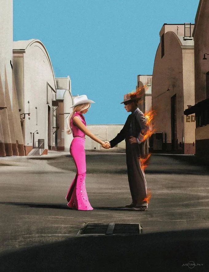 Barbenheimer — Illustration of woman in pink gown shaking hands with dark-suited man with nuclear explosions.