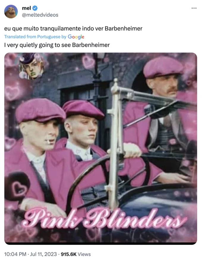 Barbenheimer — Meme showing men in coordinated pink berets captioned 'Pink Blinders'.